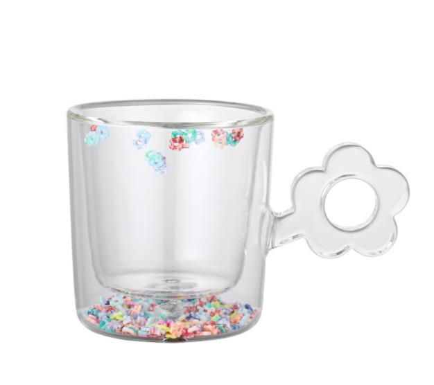 High Borosilicate Glasses Flower Cup Double Layer Quicksand Water Cup Color Handle Cute Office Drinking Cup