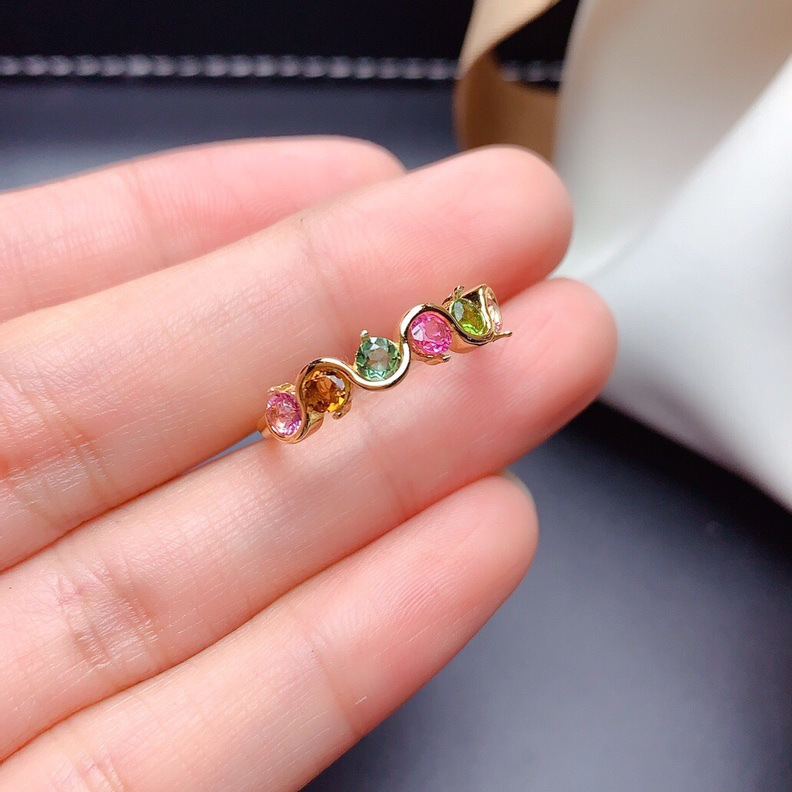 新品时尚个性仿真七彩碧玺彩虹宝石开口戒指女气质活口指环手饰品