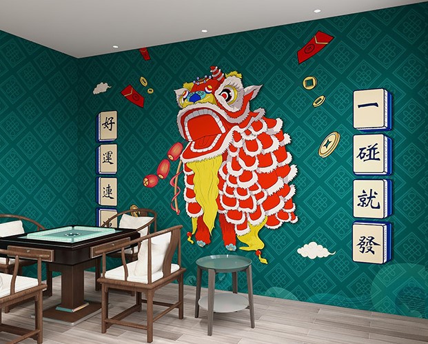 3d棋牌室麻将馆壁纸国潮风壁布自拍馆墙纸中式餐厅烧烤火锅店墙布