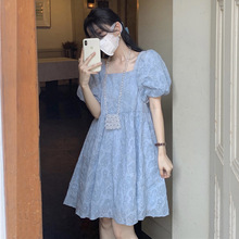 复古盐系奶系蓝色连衣裙法式方领泡泡袖纯欲风甜美公主裙夏小个子