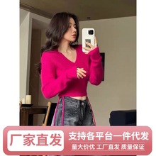 WxV领正肩玫红色短款毛衣女秋冬爆款打底针织衫辣妹抽绳收腰上衣