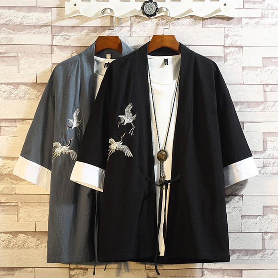 中国风男装改良汉服刺绣长衫唐装披风外套中式短袖禅服复古茶服