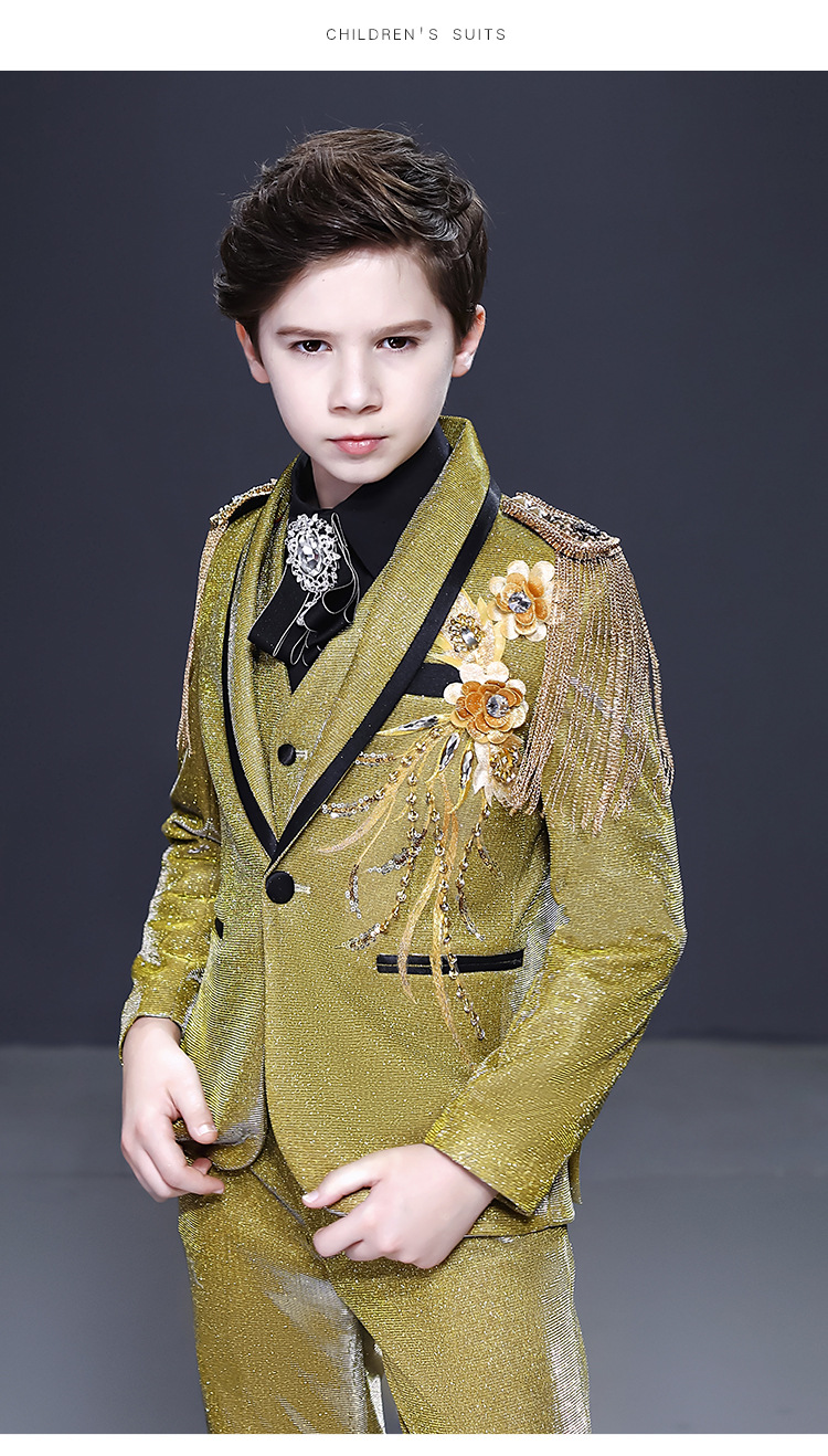 儿童西装演出服套装男童花童礼服金色西服男孩帅气英伦模特走秀秋