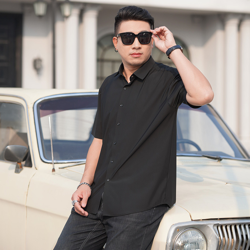 Summer Large Size Men's Seamless Non-Ironing High Elastic Ice Silk Short Sleeve Shirt plus-Sized plus-Sized Thin Solid Color Shirt Fat