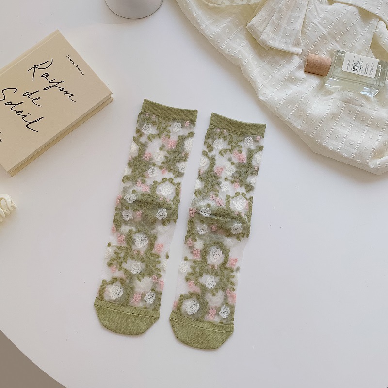 Korean Artsy Flower Transparent Tube Socks Women's Crystal Socks Spring and Summer Ultra Thin Mesh Red Style Glass Card Stockings