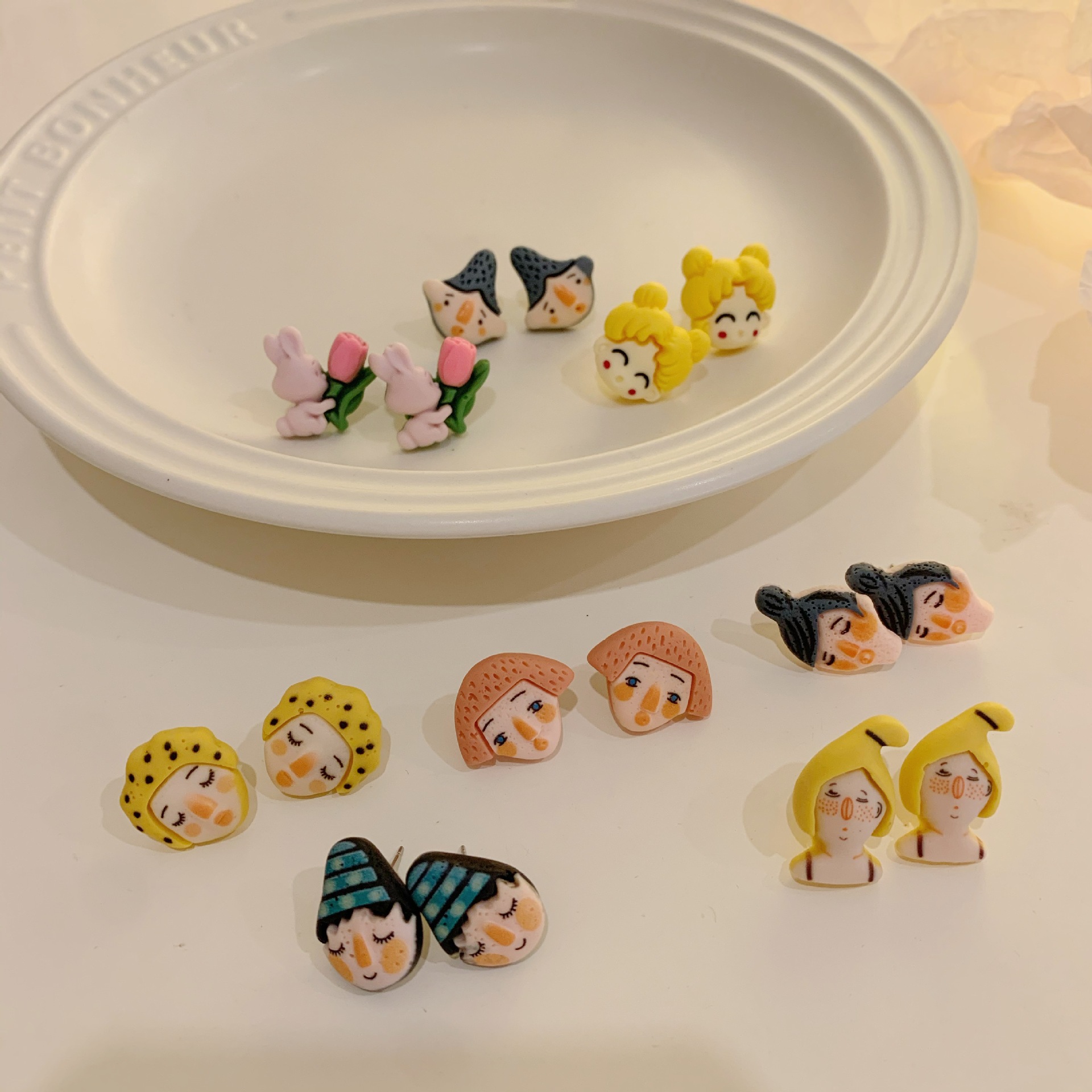 S925 Silver Needle Original Design Niche Cartoon Funny Avatar Stud Earrings Girl Ins Soft Pottery Handmade Earrings Earrings Earrings