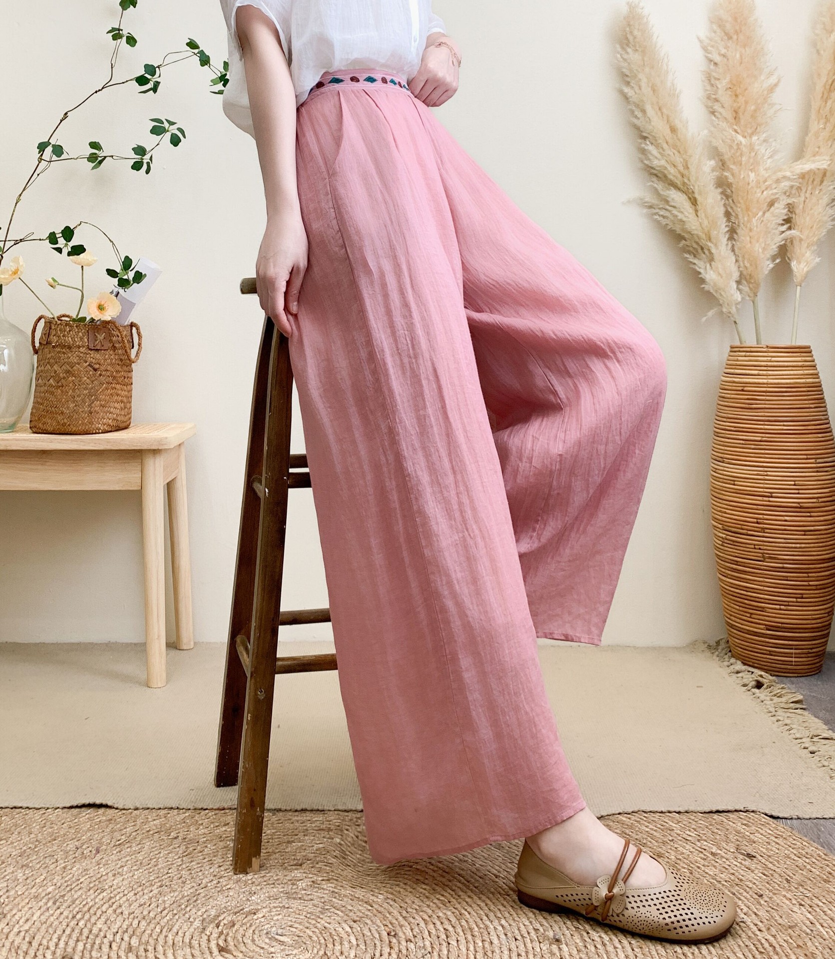 100苎麻阔腿裤 2024夏季新款 遮肉休闲裤女腰间重工刺绣长裤1262