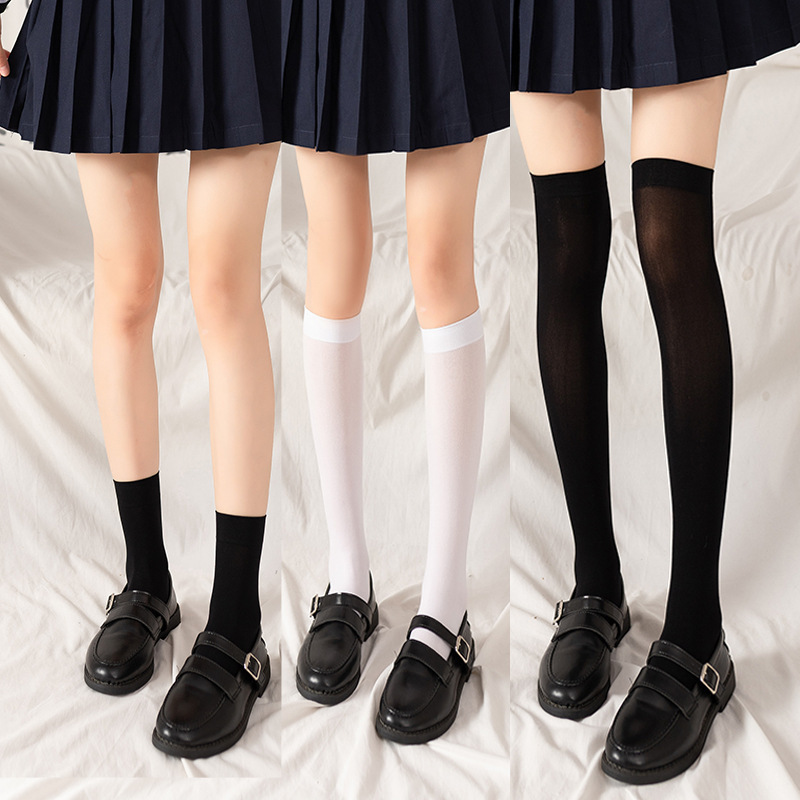 Summer Thin Velvet Calf Socks Japanese College Style Black and White Solid Color Knee Socks Long Silk Stockings Jk Uniform Socks