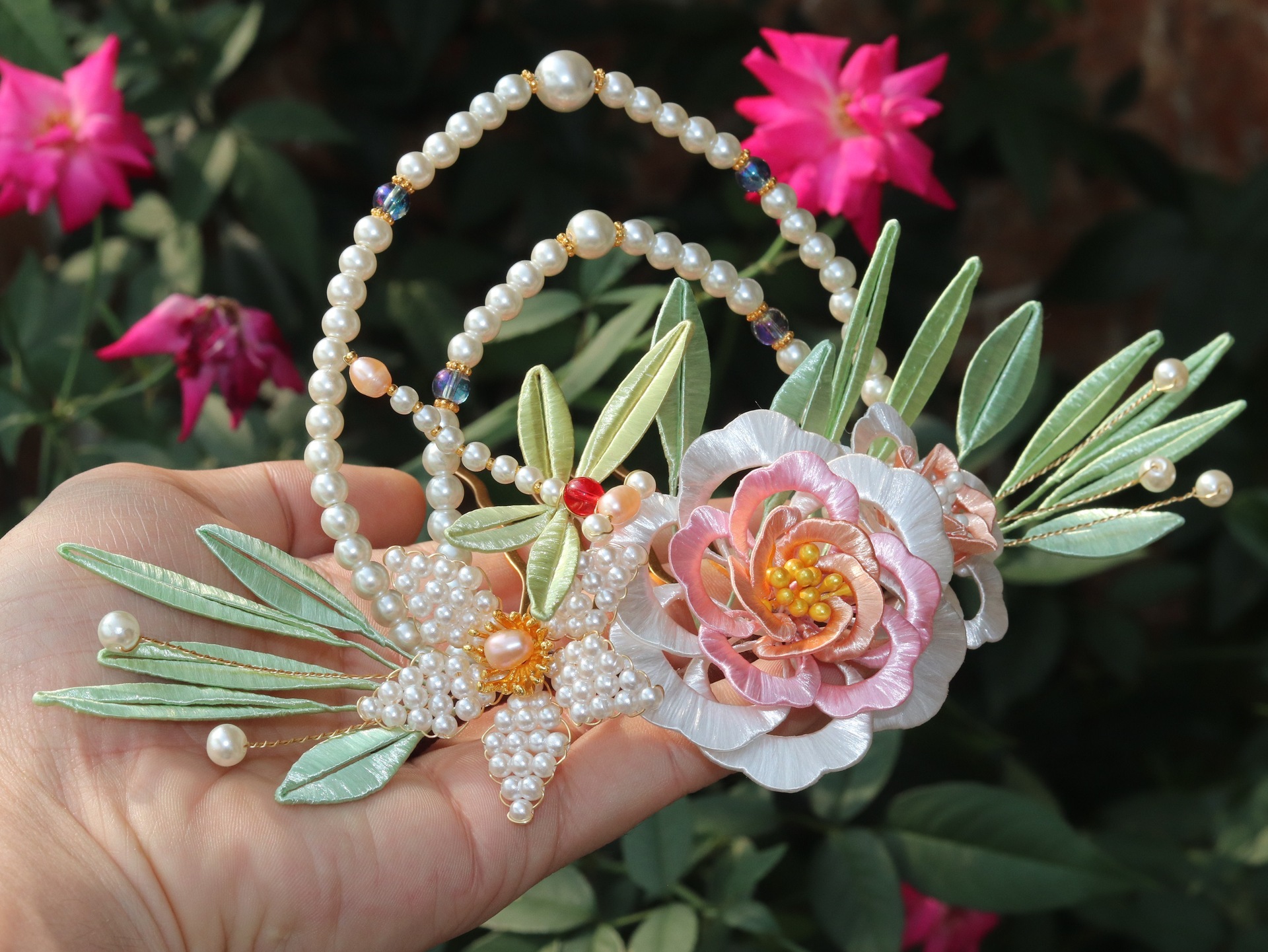 缠花发冠宋明制汉服旗袍日常簪花古风发饰配饰缠花辑珠唐风女发饰