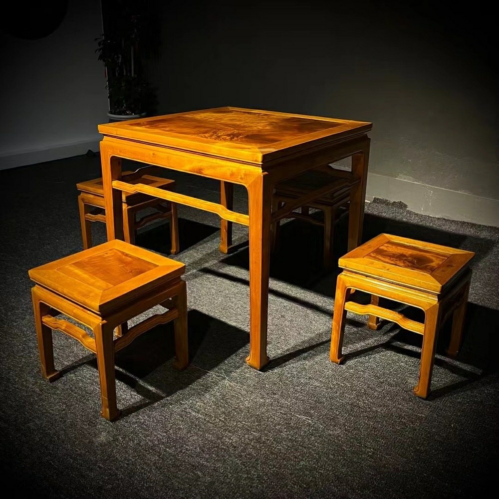 精品实木桌子金丝楠木休闲桌小叶桢楠中古风桌椅五件套客厅小方桌