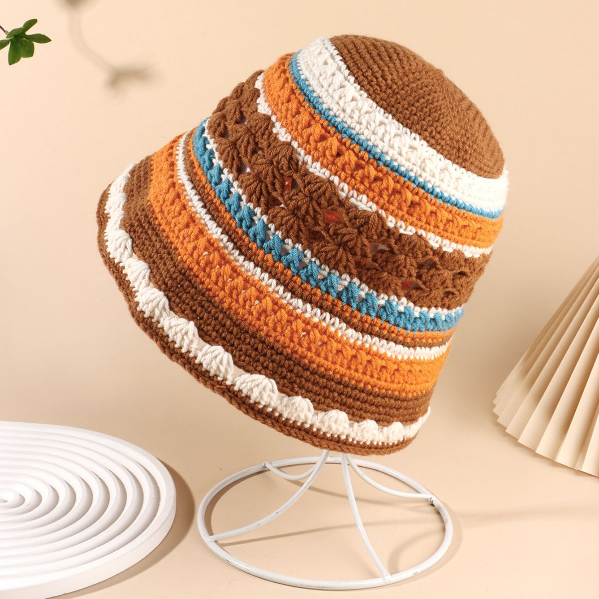 New Striped Handmade Woven Hollowed Milk Cotton Bucket Hat Women's Spring and Autumn Cute Contrast Color Korean Style Fashion Bucket Hat