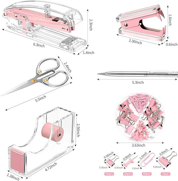 Cross-Border Direct Supply Transparent Pink Metal Stapler Office Set Acrylic Tape Holder Scissors Gel Pen Set