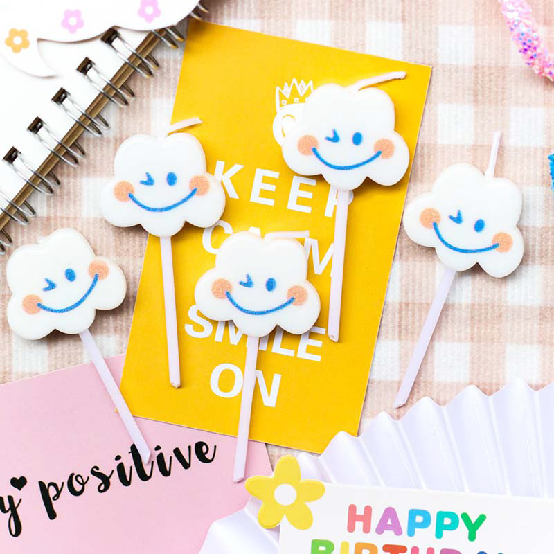 South Korea Ins Cute Cloud Smiley Face Birthday Cake Candle Children's Party Decoration Smile White Cloud Candle Plug-in