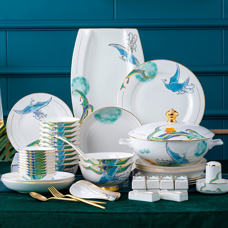 新品景德镇陶瓷餐具碗碟套装家用高档轻奢碗盘新中式骨瓷乔迁餐具