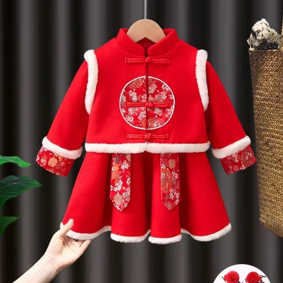 包邮汉服女童冬装拜年服1加厚2风3喜庆新年装6儿童唐装元旦表演服