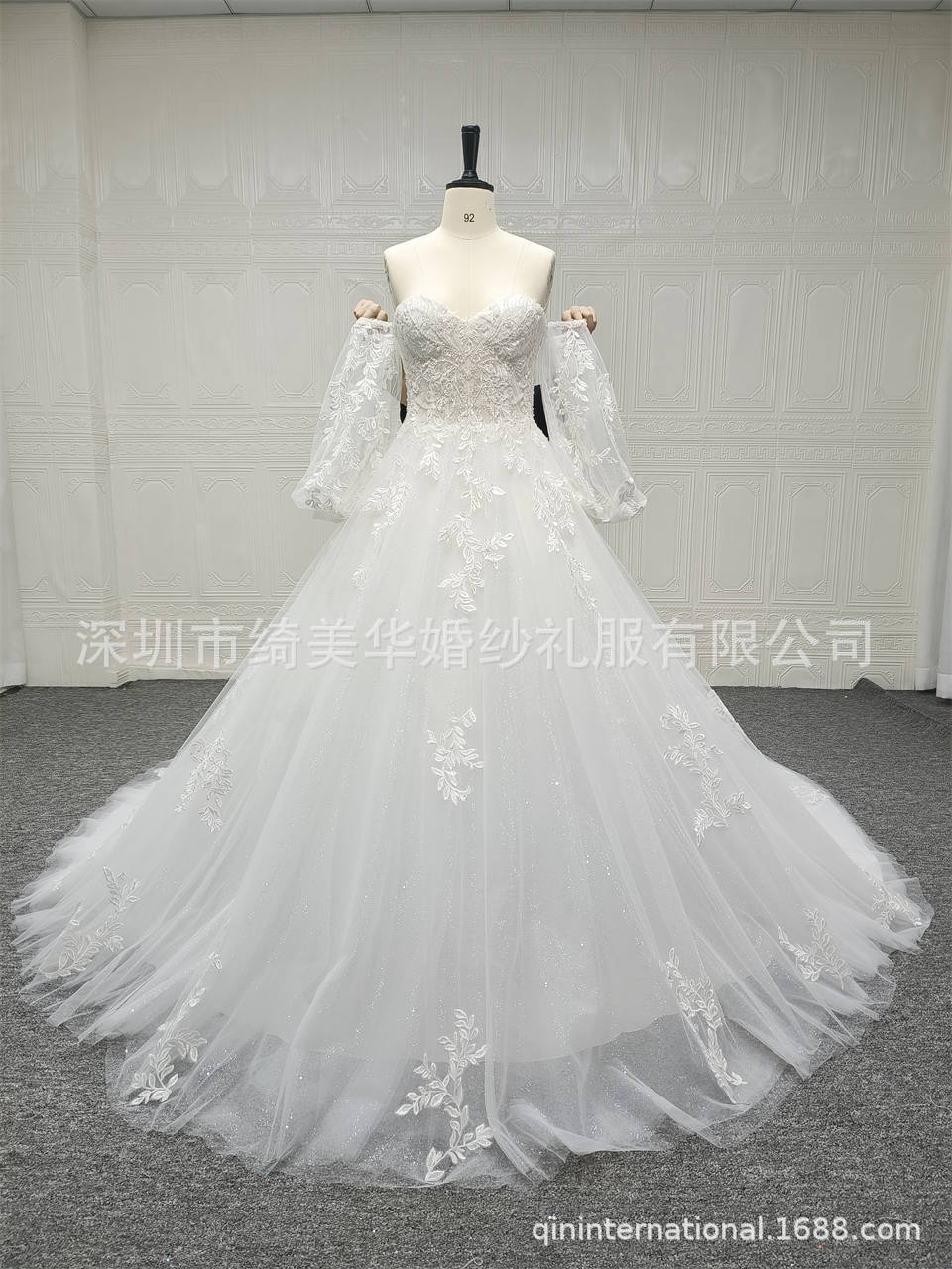 a摆婚纱亮片钉珠刺绣蕾丝小v领带可拆卸袖子新娘婚纱礼服小拖尾