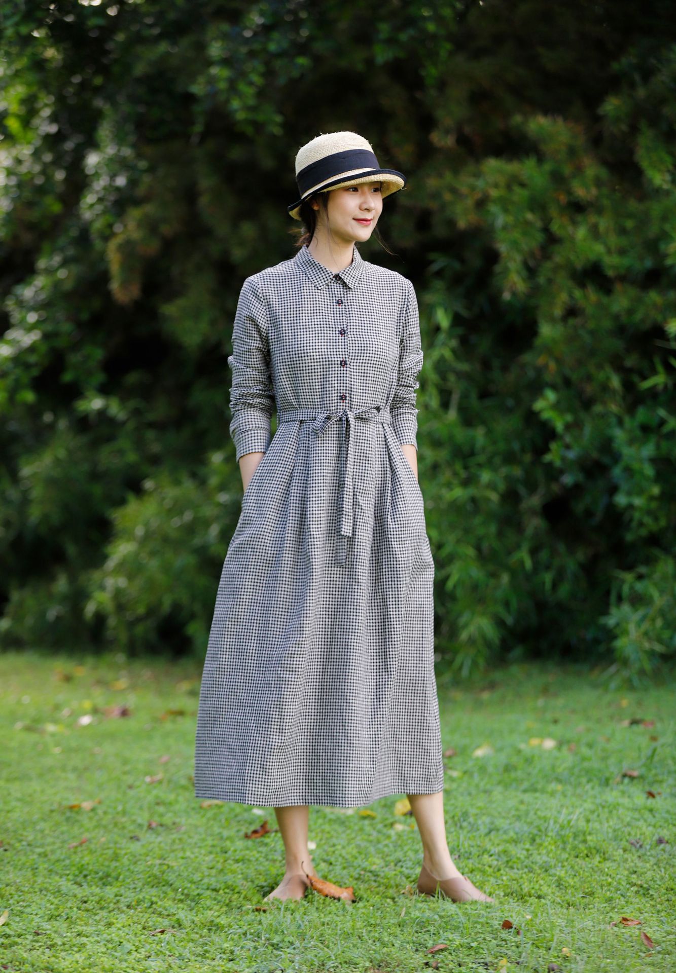 22春秋新款棉麻女装文艺休闲格子亚麻连衣裙女系带修身减龄大摆裙