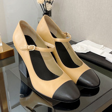 小香风法式玛丽珍鞋2023新款圆头羊皮拼色珍珠高跟鞋粗跟浅口单鞋