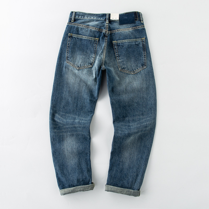 美式复古男士养牛赤耳丹宁小直筒原色原牛做旧牛仔裤
