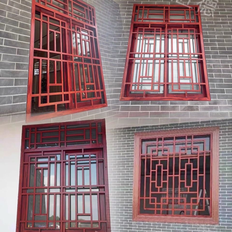 实木仿古大门铝合金窗花街道中式木纹铝花格四合院栅单开家用庭院