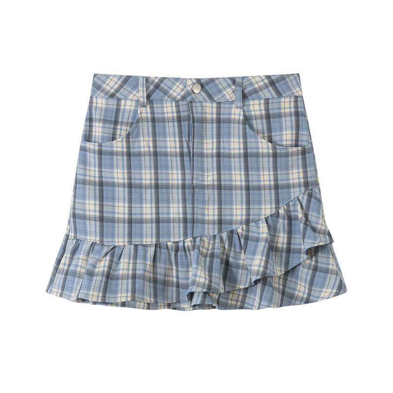 nariele 欧美夏季2024时尚休闲百褶裙复古格子蓝色包臀辣妹半身裙