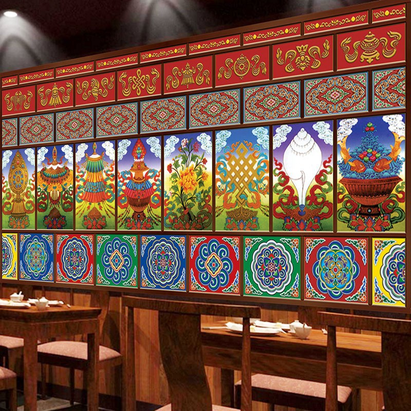 藏式花纹墙贴藏族文化装饰墙布佛教佛堂背景墙壁画吉祥八宝图壁纸