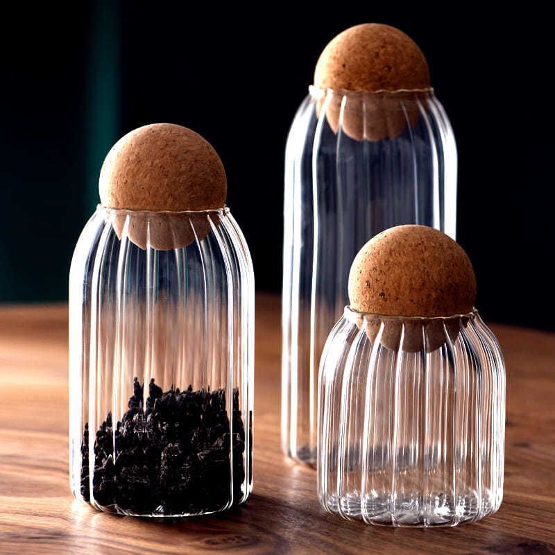 球形软木条纹透明高硼硅玻璃储物罐球形软木塞盖家用厨房收纳瓶零