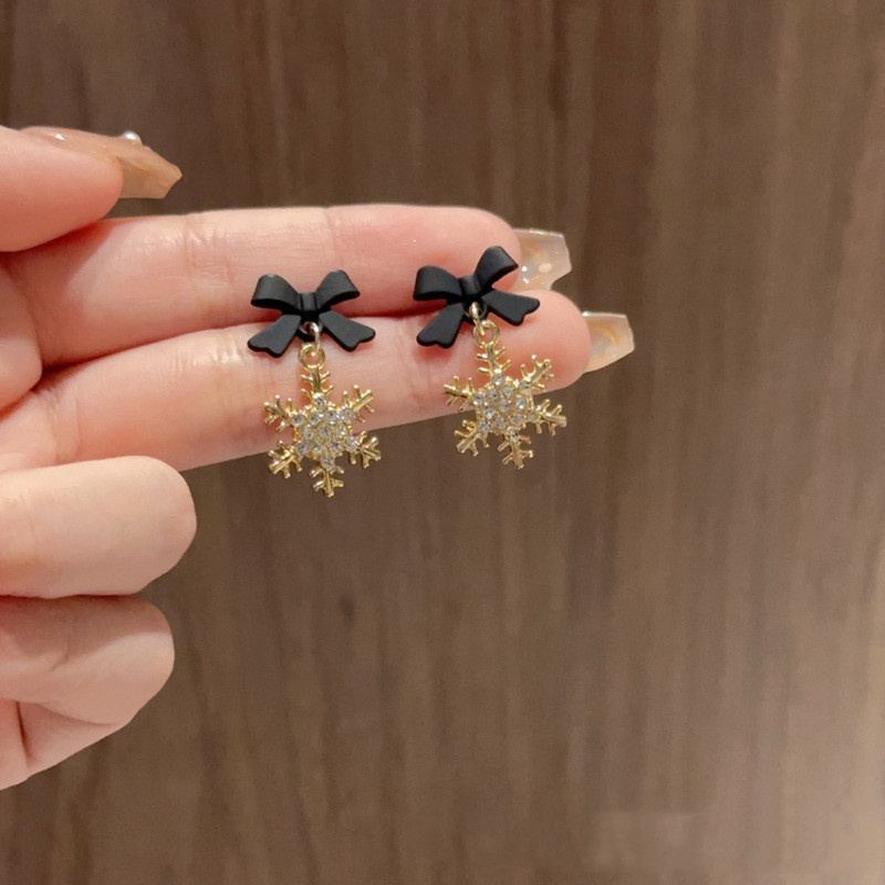 sterling silver needle korean black snowflake bow earrings women‘s light luxury internet celebrity temperament wild simple stud earrings