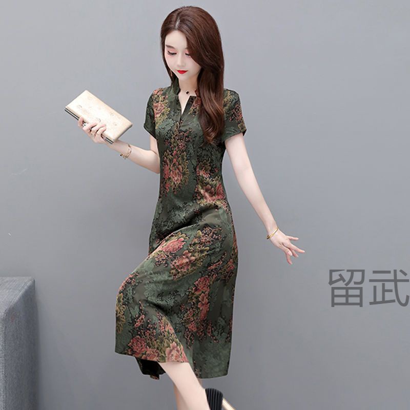 lw真丝香云纱连衣裙女中长款2021新款洋气遮肚子妈妈夏装中老年裙