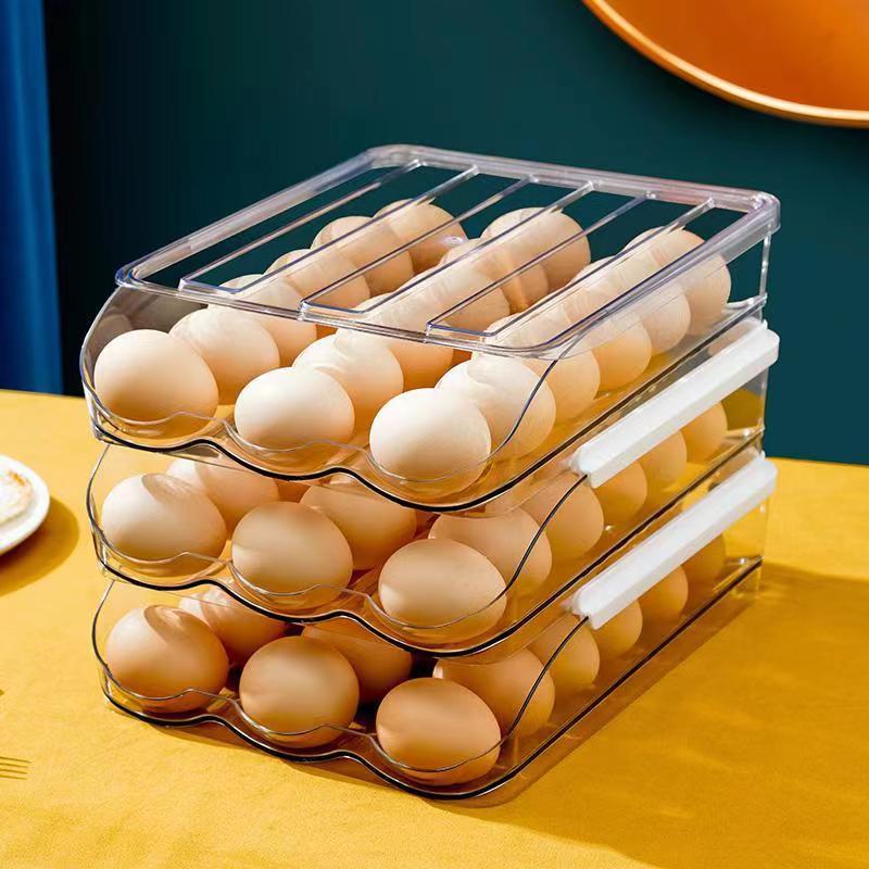 wholesale high quality automatic rolling egg storage box roll-out double-layer kitchen transparent refrigerator preservation storage box