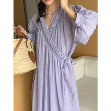 韩国chic夏季优雅香芋紫V领交叉宽松一片式设计感泡泡袖连衣裙女