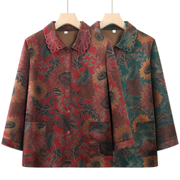 中老年女装春秋上衣长袖衬衫妈妈装早秋外套薄老人花色衣服奶奶装