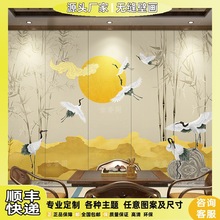 新中式背景墙饭店包间墙面装饰仙鹤壁画刺绣墙布现代轻奢壁纸茶室