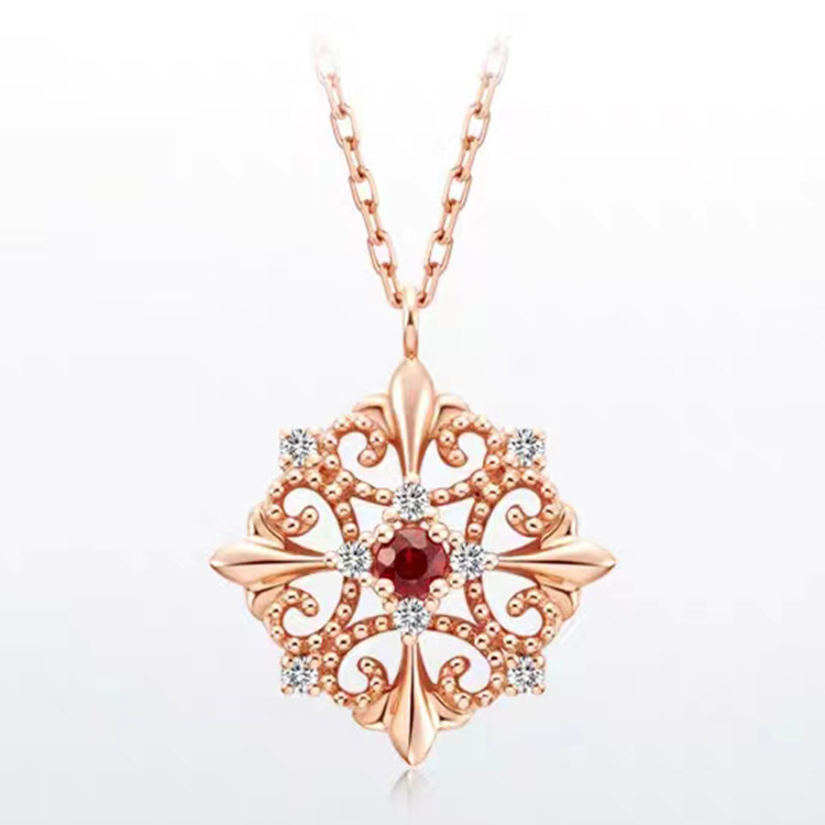 源织宝 周家同款时尚复古窗花镀玫瑰金色红锆石项链送女朋友礼物