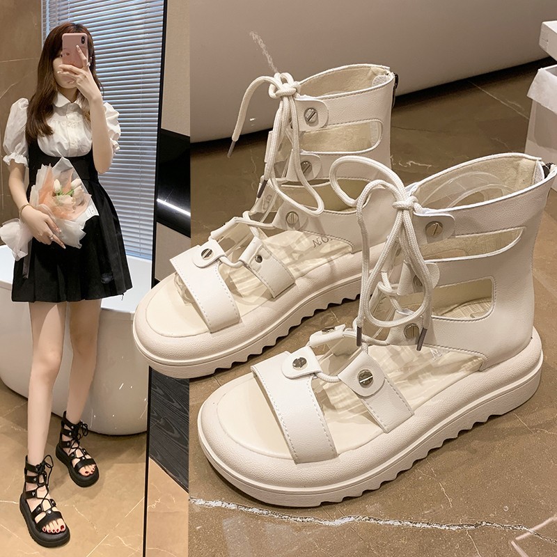 镂空罗马凉鞋女2024年新款平底高帮绑带鞋子女夏厚底时尚系带凉靴