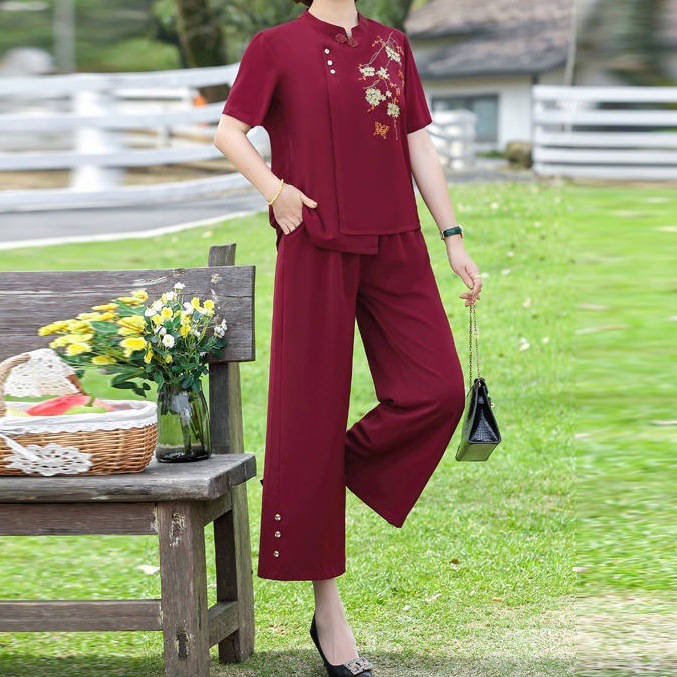 t轁1妈妈夏装时尚休闲套装复古风两件套2021新款中老年女装-阿里巴巴