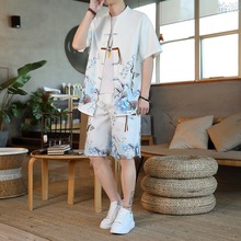 夏季男士短袖大码t恤新中式套装复古休闲中国风汉服短裤两件套潮v