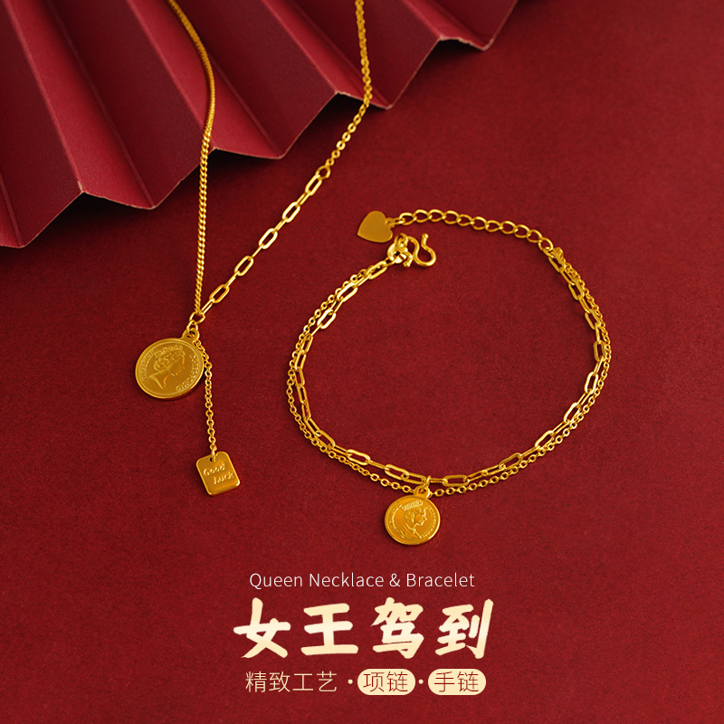 New Copper Alloy Fashion Temperament Queen's Arrival Necklace Women's Round Brand Two-Tier Adjustable Bracelet Wholesale