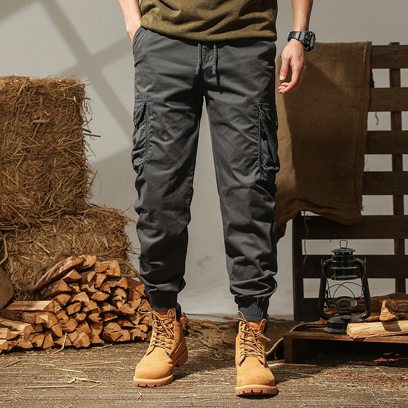 Spring and Autumn Washed-out Vintage Casual Pants Men‘s Ankle-Tied Zipper Overalls Men‘s Multi-Pocket Trousers Sports Trousers Cotton Elastic Pants