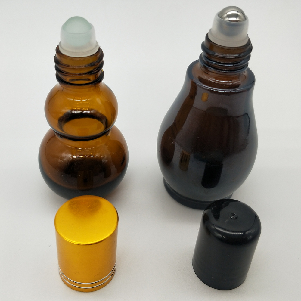 新款葫芦形精油瓶走珠滚珠瓶精华液茶色避光玻璃化妆品包装分装瓶