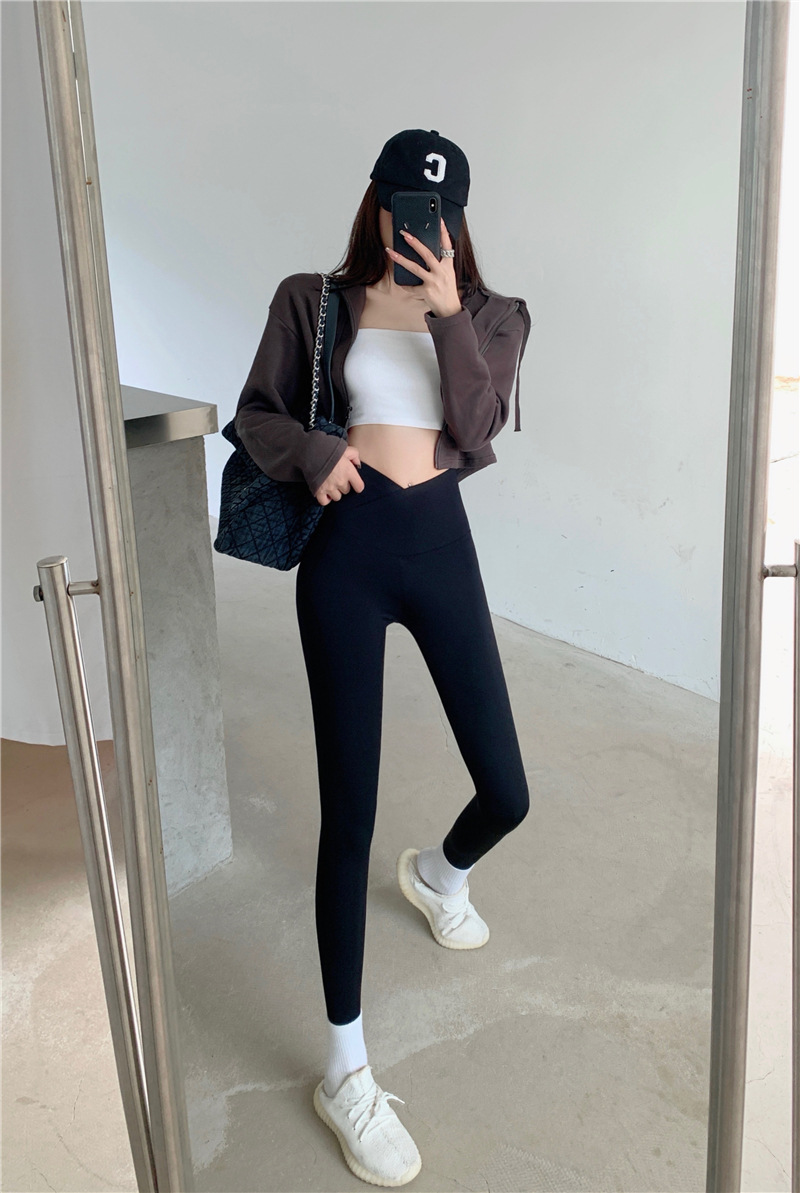 实拍交叉高腰鲨鱼裤女加绒加厚打底保暖裤瑜伽裤外穿紧身裤子c111