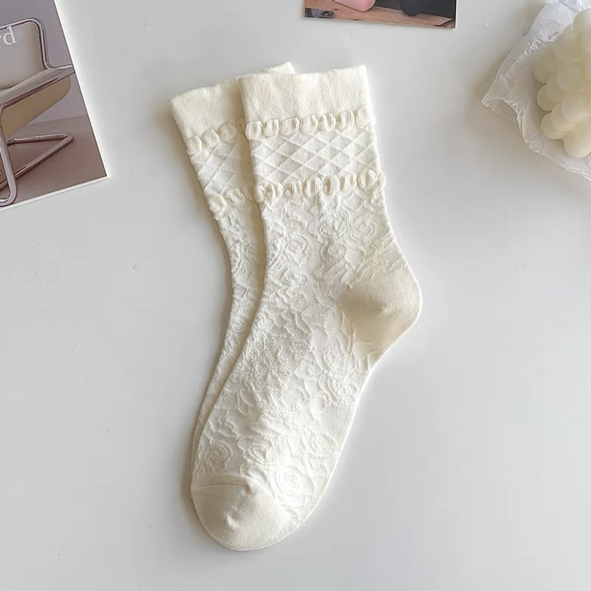 Beige Jk Tube Socks Women's Spring and Summer Thin Cute Wild Solid Color Minimalist Preppy Style Breathable Girl Lace Socks