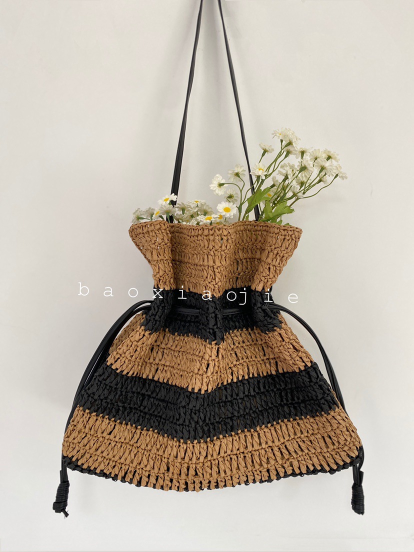 韩国复古接拼编织托特大包法式小众草编包大容量单肩包抽绳斜挎包