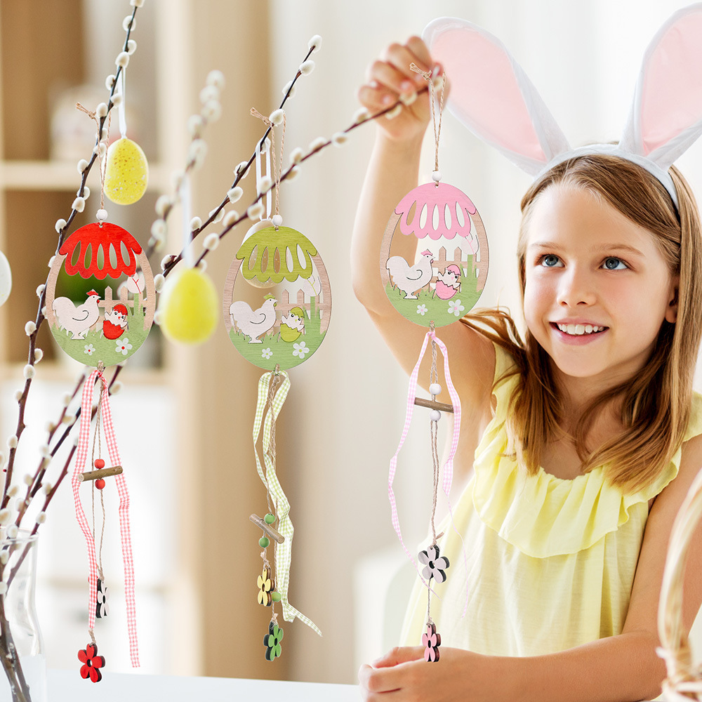 跨境2022复活节装饰用品创意复活节鸡蛋鸡木质挂件公鸡挂件树吊饰