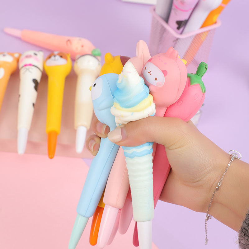 解压笔发泄软绵绵减压捏捏可爱萌动物慢回弹中性笔创意文具独立站