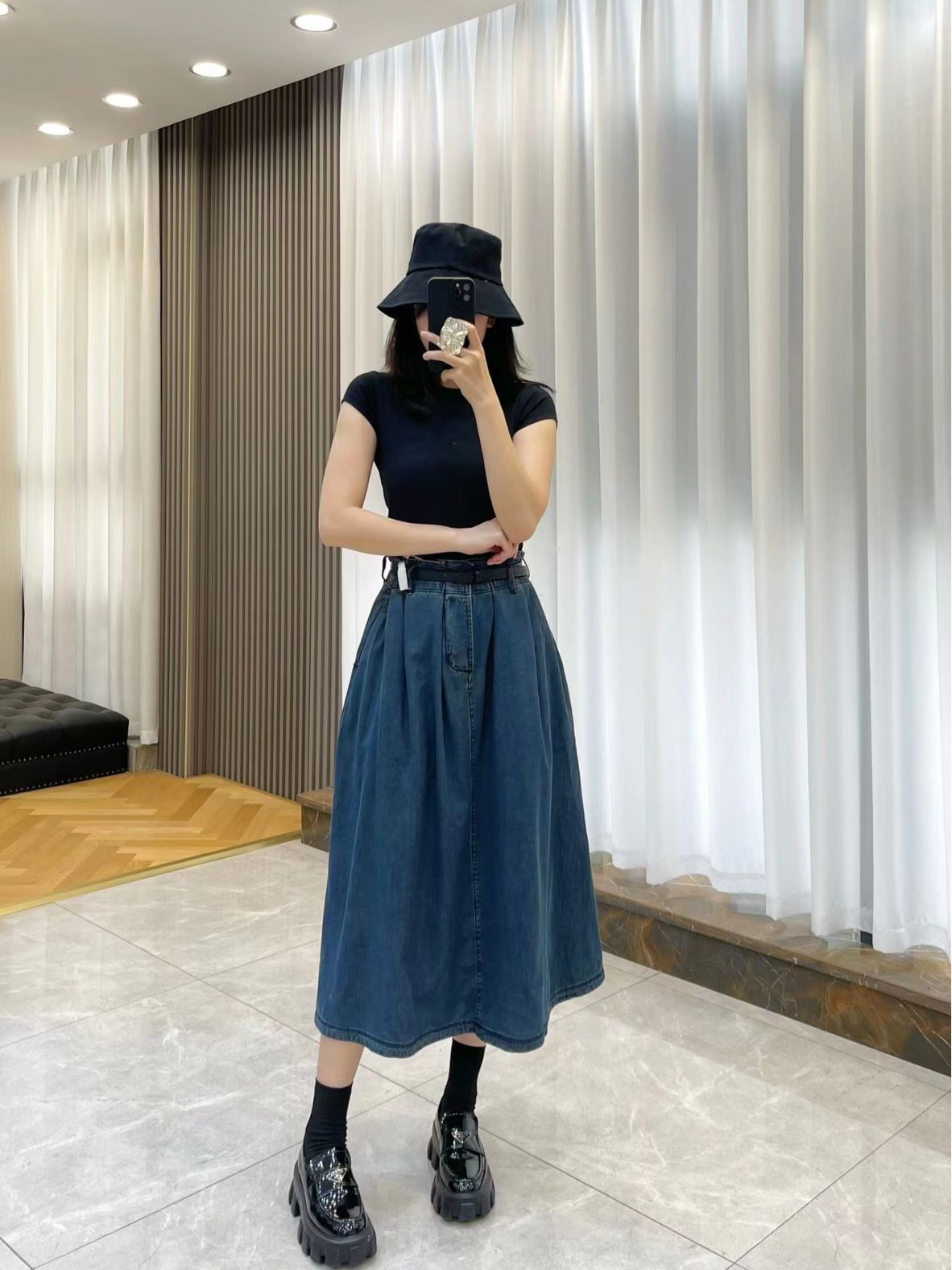 European Station CD Home Thin Soft Denim Skirt Female 23 Summer High Waist Slimming Umbrella Skirt with Belt Casual Dress