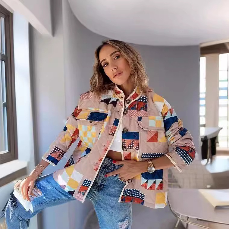 2024欧美秋冬跨境风ins潮大码几何印花立领绗线棉衣女wqk0222