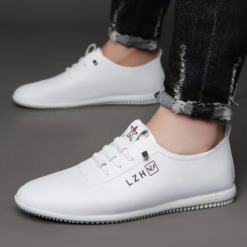 Genuine Leather Soft Bottom Men's New Fashion White Shoes Breathable Korean Style Casual Non-Slip Gommino Board Shoes Fashionable Leather Shoes