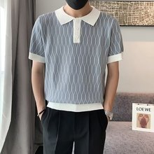潮牌针织polo衫男夏季新款网格撞色条纹轻奢翻领高级感短袖t恤