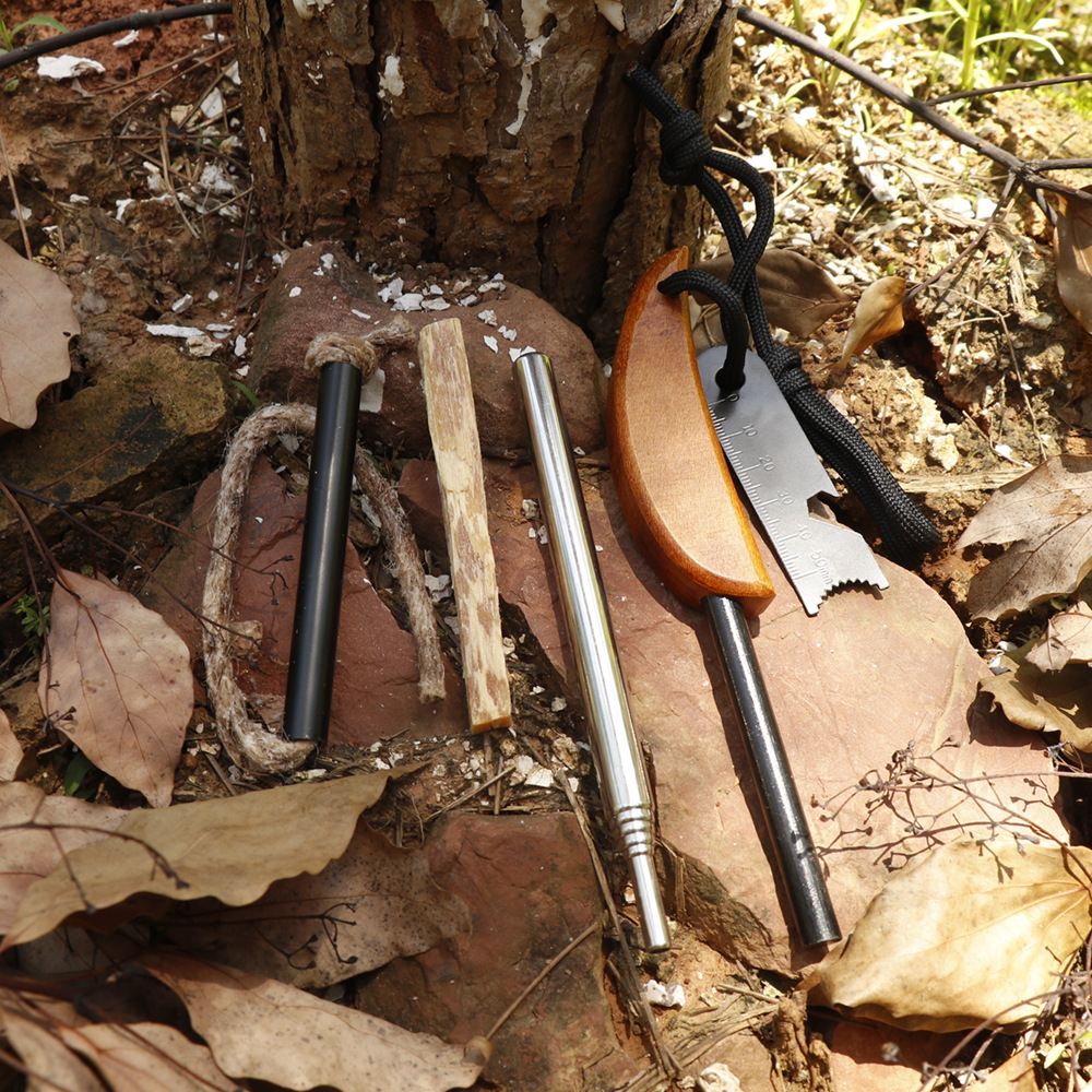 户外野营取火镁棒 野外求生复古榉木手柄打火石 多功能防水取火器